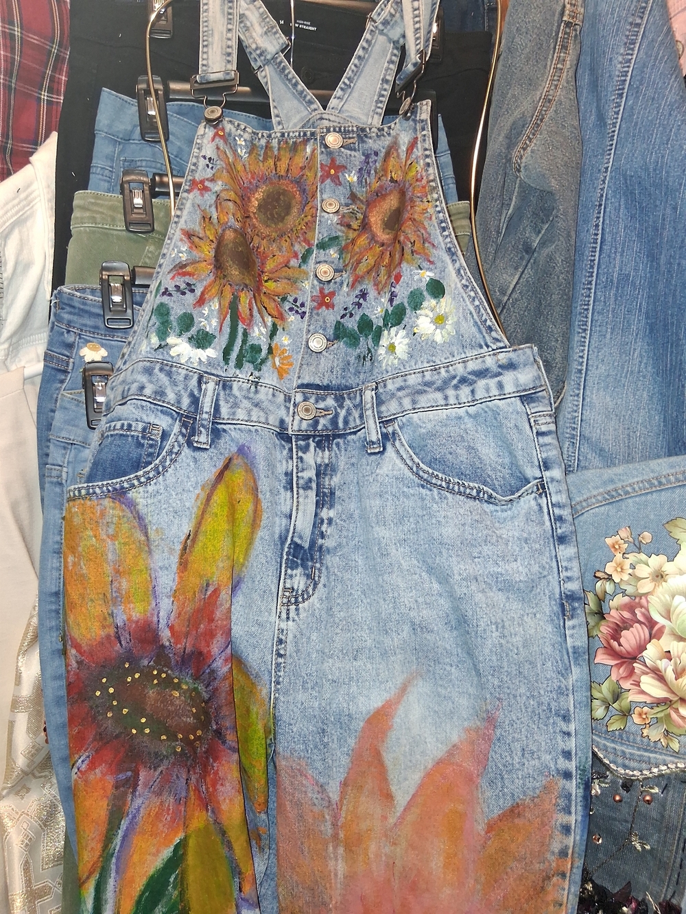 LAUGHIN' AND GIGGLIN'  SO Light Blue Denim Overalls with Hand-Painted Sunflowers